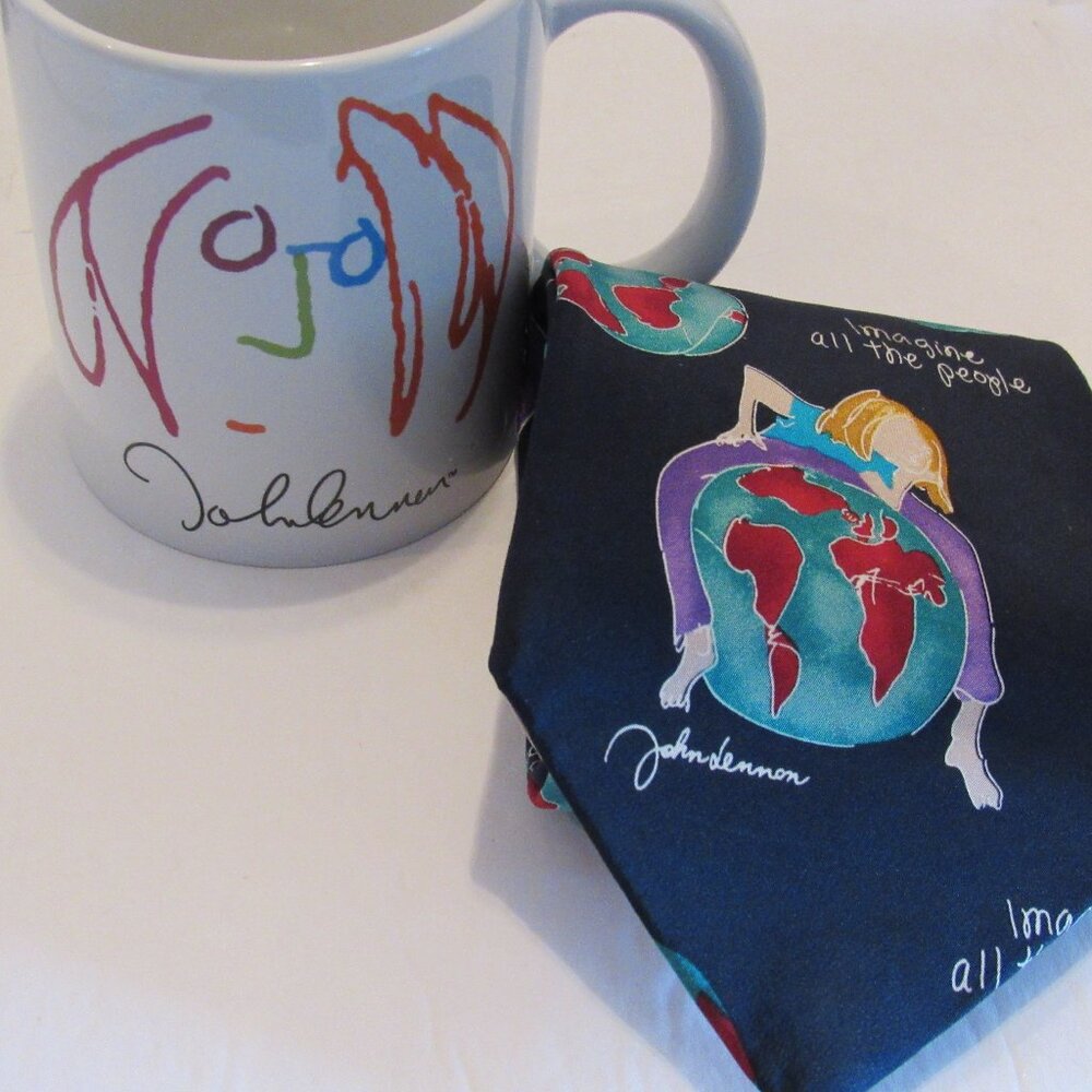 John Lennon Official Artwork 100% Silk Tie Imagine All The People + Mug Lot of 2